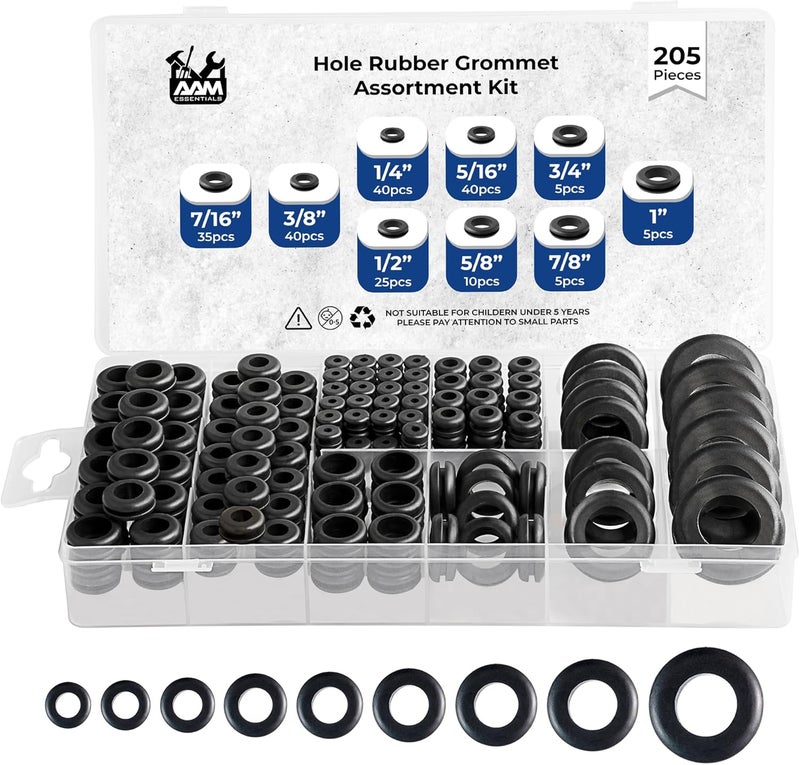 AAM ESSENTIALS Rubber Grommets for Wiring-205pcs in 9 Sizes 1",1/2",1/4", 3/4", 3/8", 5/8", 5/16", 7/8",7/16" Waterproof hole rubber grommet kit & Tear Resistant Firewall Grommets wire grommet Ideal for Auto Sealing - Image 1